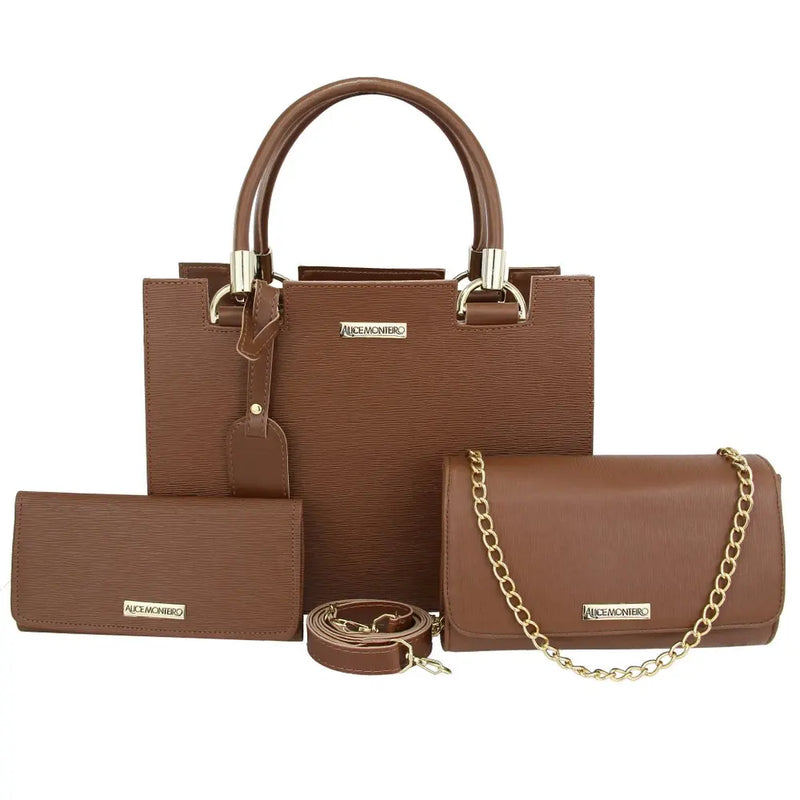 Conjunto Elegante de Bolsas Femininas Marrom /3 Peças Exclusivas: Bolsa Baú, Bolsa Clutch e Carteira