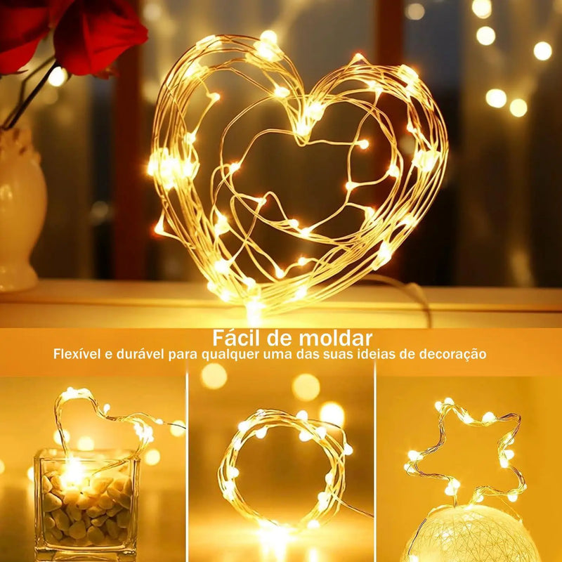 Fio de Led Branco Cores Quente/Branco Frio 10m 100 Leds Pilha Fixa 1 Fio Kit Cordão Decoração de Natal