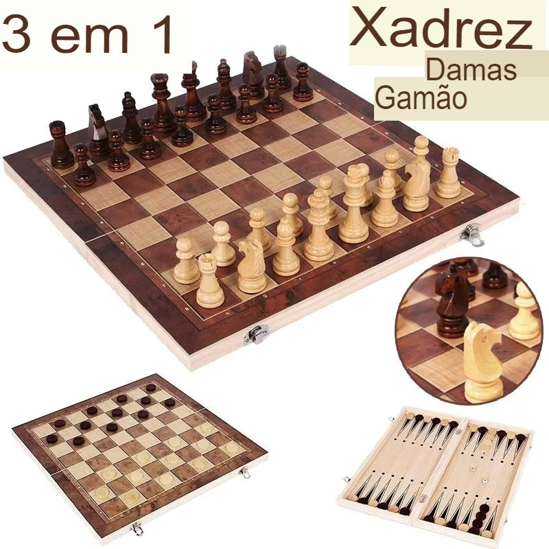 Conjunto de Jogos de Xadrez, Gamão e Damas 3 em 1